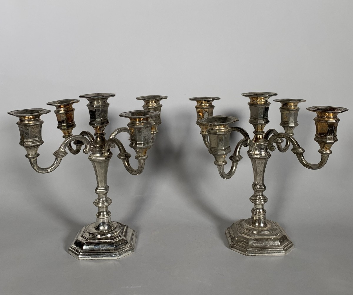Pair Of Candelabras With Movable Arms In Silver-plated Bronze, Louis XV Style, 19th Century Work
