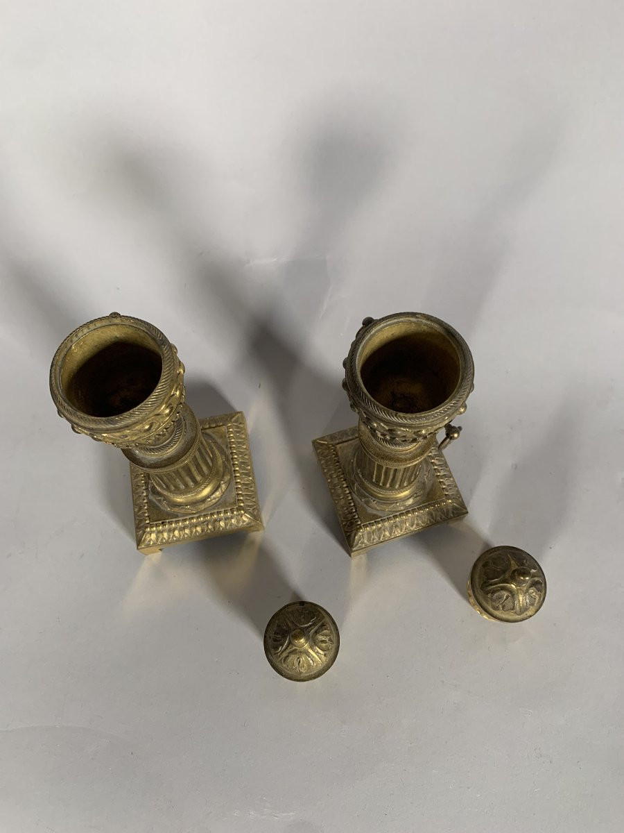 Paire De Bougeoirs Cassolettes En Bronze Doré d'époque Louis XVI-photo-2