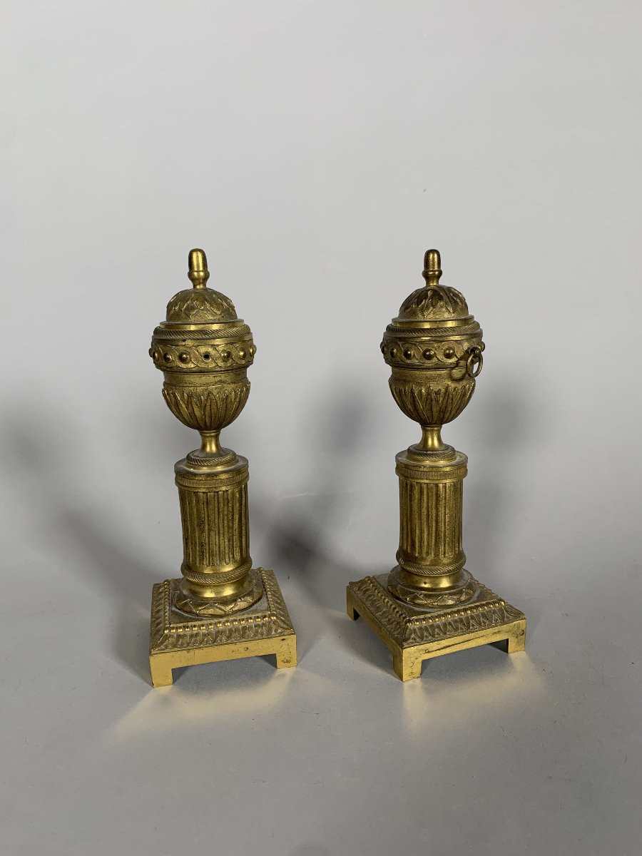 Paire De Bougeoirs Cassolettes En Bronze Doré d'époque Louis XVI-photo-3