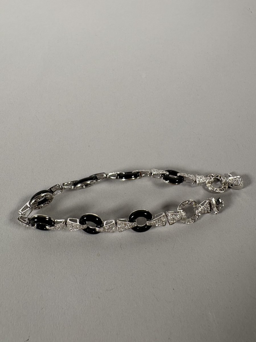 Bracelet géométrique Art déco  en or gris onyx noir et diamants  XXeme siecle-photo-3