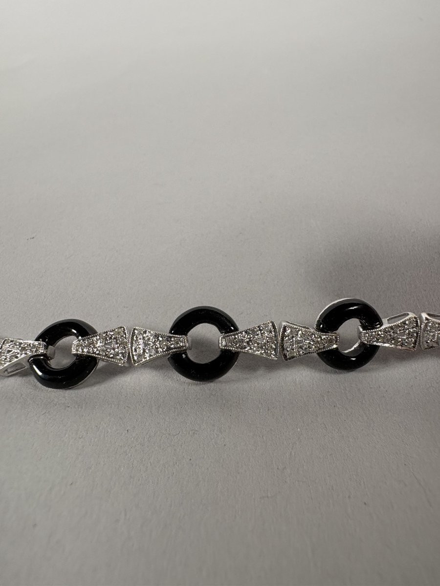 Bracelet géométrique Art déco  en or gris onyx noir et diamants  XXeme siecle-photo-5
