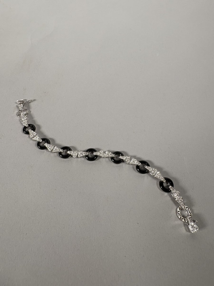 Bracelet géométrique Art déco  en or gris onyx noir et diamants  XXeme siecle-photo-6