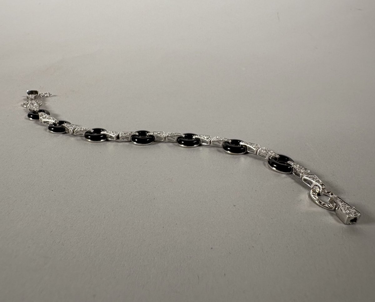 Bracelet géométrique Art déco  en or gris onyx noir et diamants  XXeme siecle-photo-7