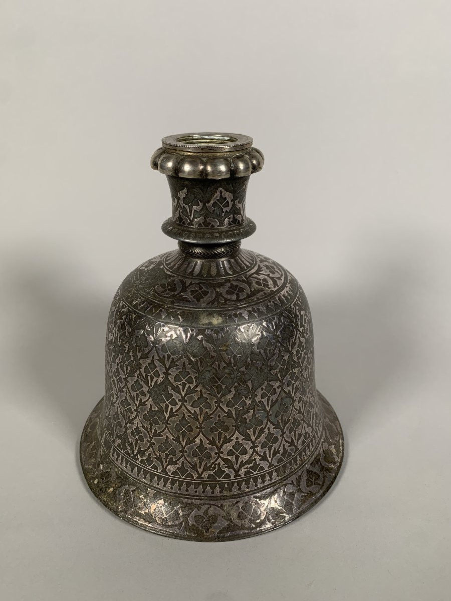 Base de narguilé "huqqa" Bidri niellé d'argent - Acier, Argent - Inde - XVIIIeme siecle-photo-5