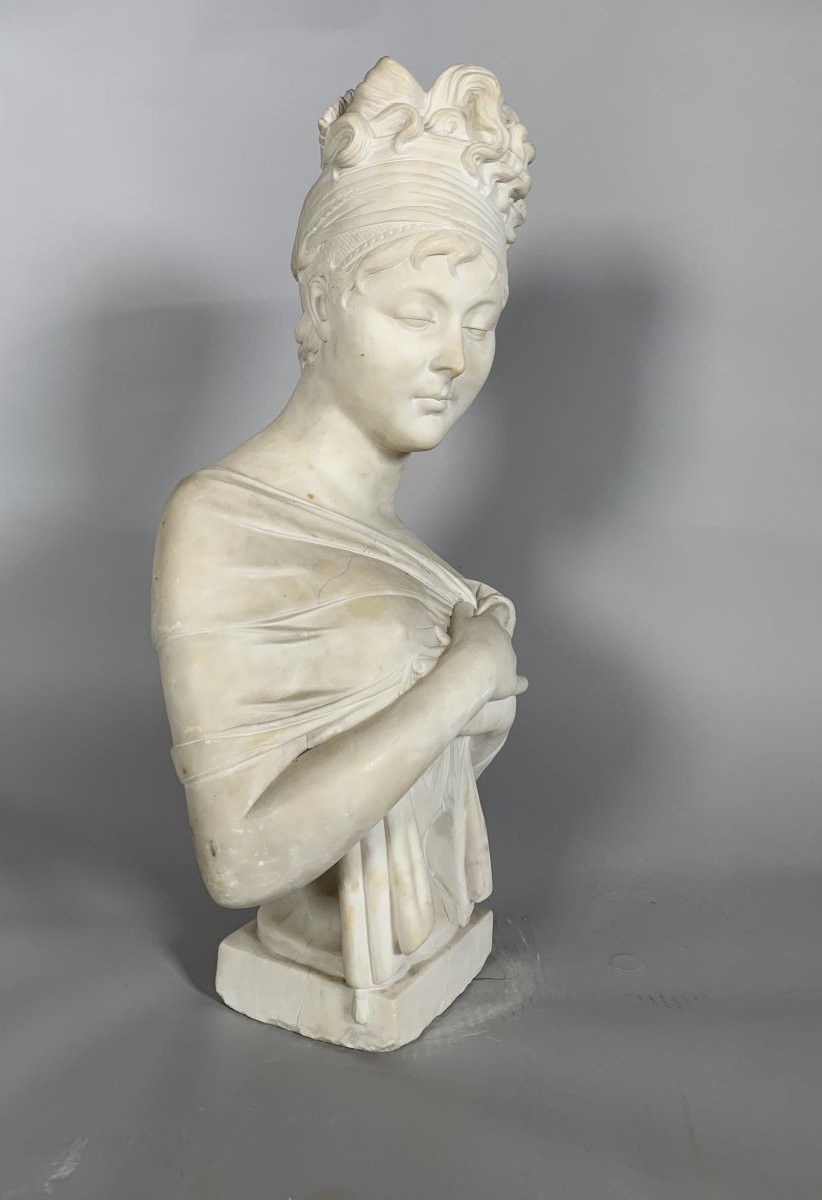 Sculpture, Buste de madame de Recamier d'apres Joseph Chinard (1756 - 1813) - 56 cm - Marbre-photo-1