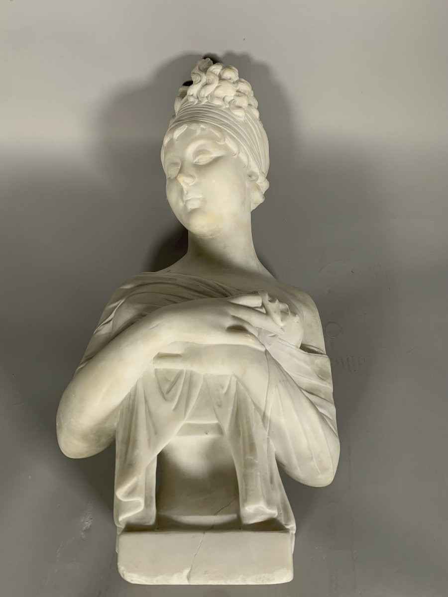 Sculpture, Buste de madame de Recamier d'apres Joseph Chinard (1756 - 1813) - 56 cm - Marbre-photo-5
