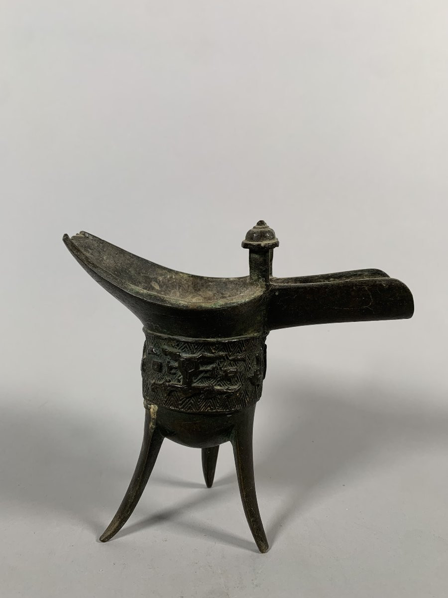 Coupe bronze tripode "Jue" Chine époque Ming (1368 - 1644) -photo-4