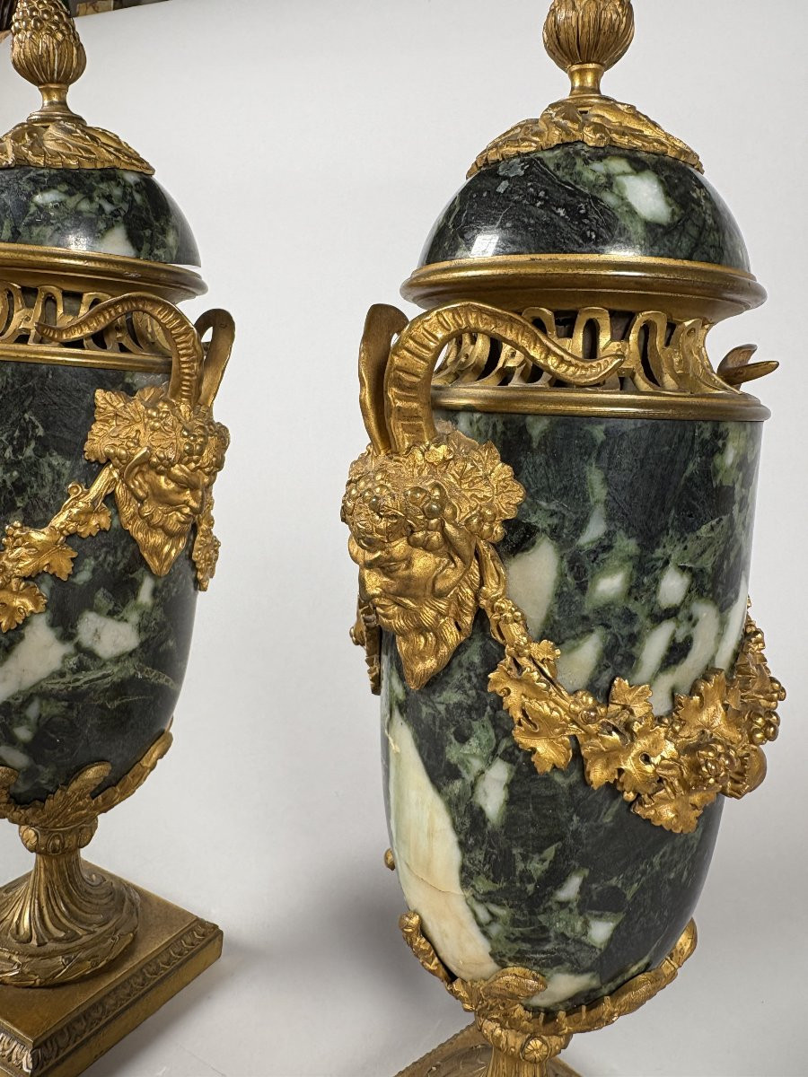 Pair Of Louis XVI Style Green Marble And Gilt Bronze Cassolettes-photo-4