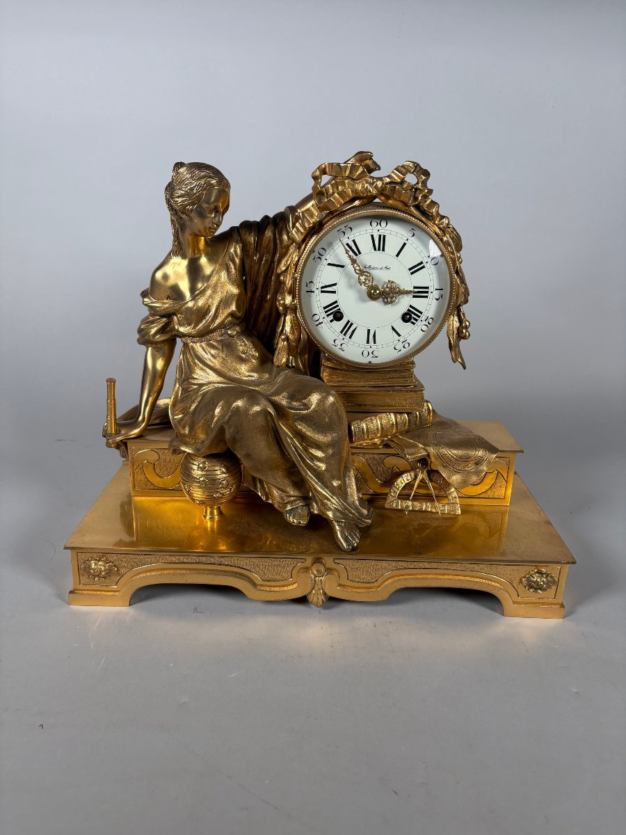 Pendule allégorie des sciences bronze doré style louis XVI-photo-3