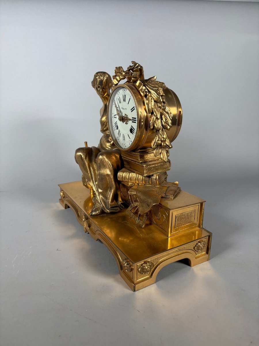 Pendule allégorie des sciences bronze doré style louis XVI-photo-4