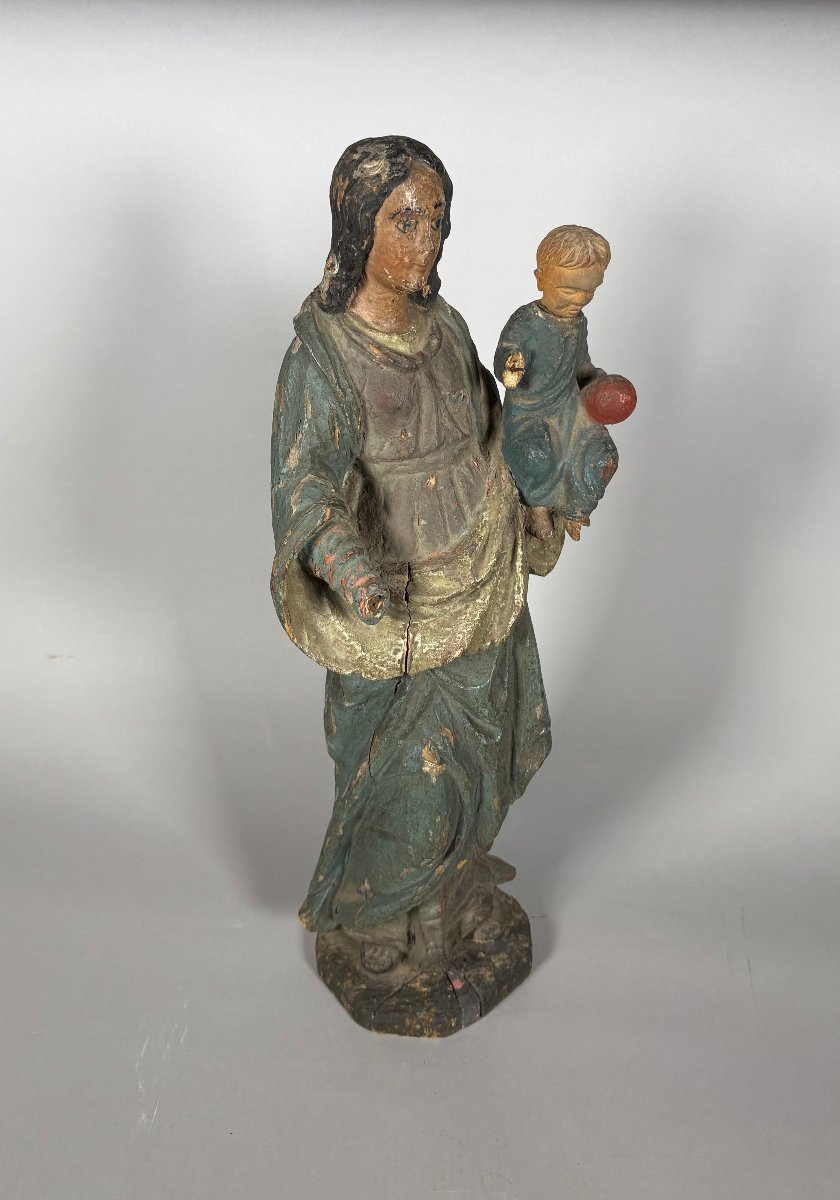 The Virgin And Child, Polychrome Carved Wood, 18th Century -photo-3