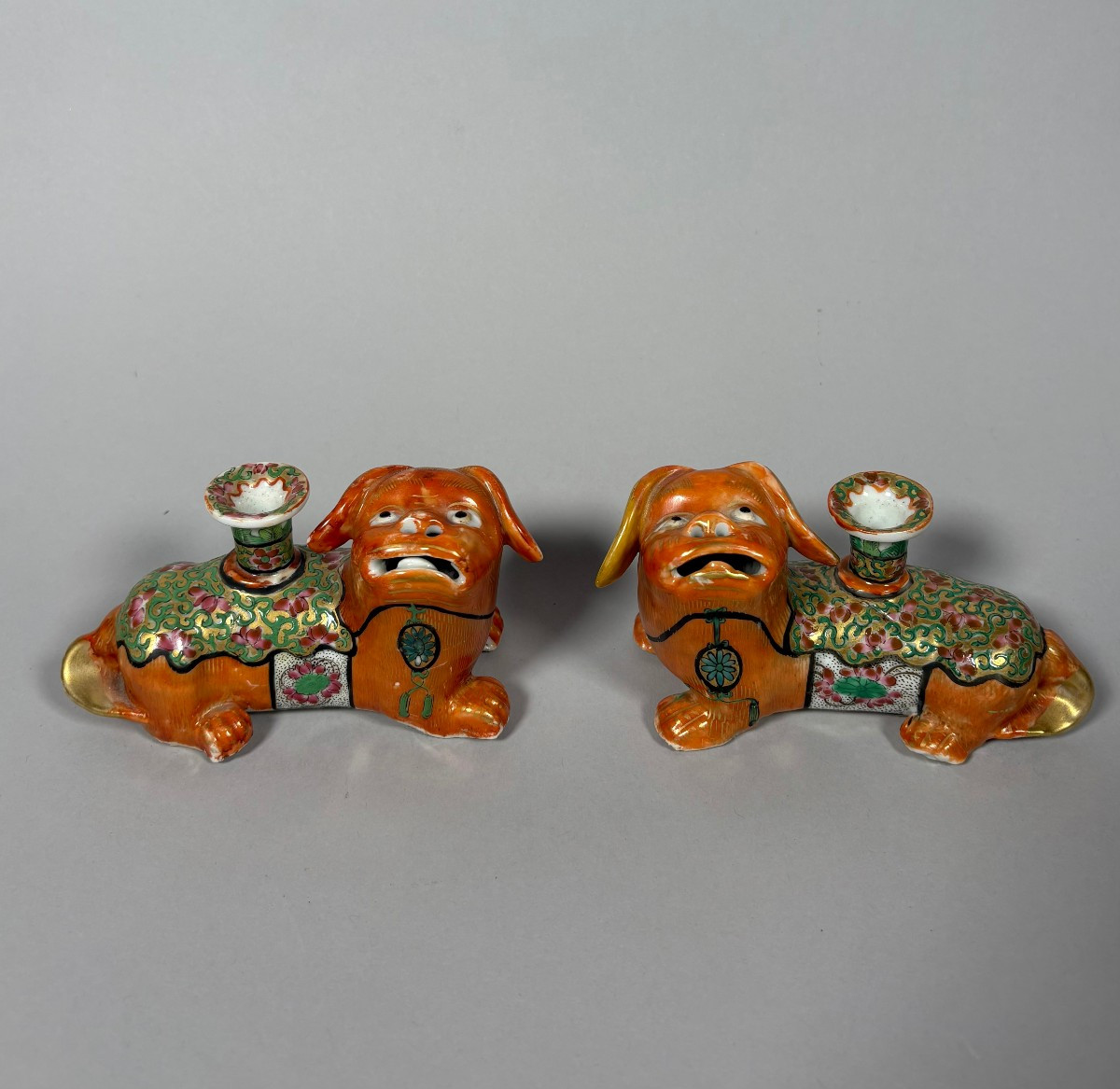 Pair Of Foo Dogs, China, Jiaqing (1796-1820), Porcelain Incense Stick Holders 