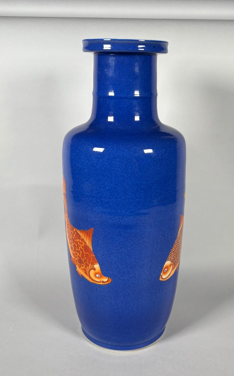 China, 19th Century Porcelain Scroll Vase Decorated With Carp On A Powder-blue Background-photo-3