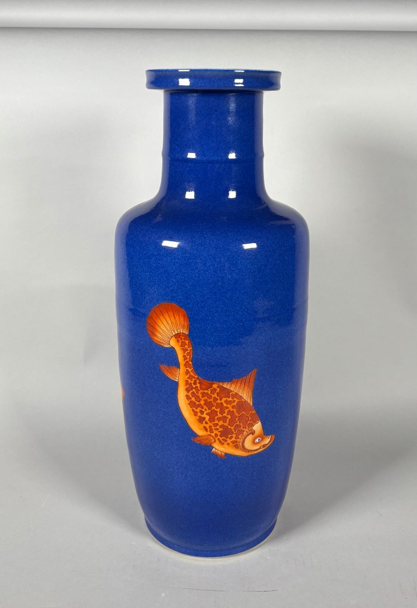 China, 19th Century Porcelain Scroll Vase Decorated With Carp On A Powder-blue Background-photo-4