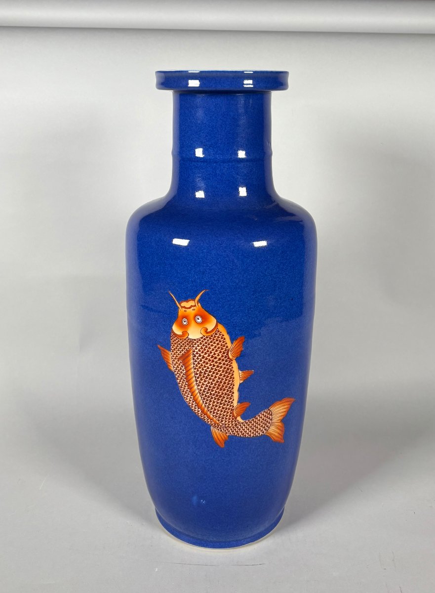 China, 19th Century Porcelain Scroll Vase Decorated With Carp On A Powder-blue Background-photo-1