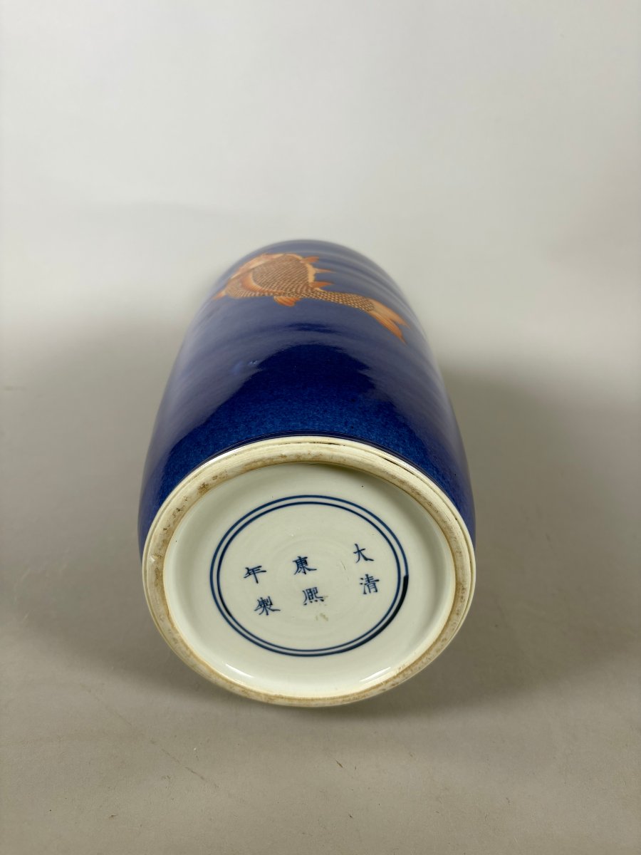 China, 19th Century Porcelain Scroll Vase Decorated With Carp On A Powder-blue Background-photo-5