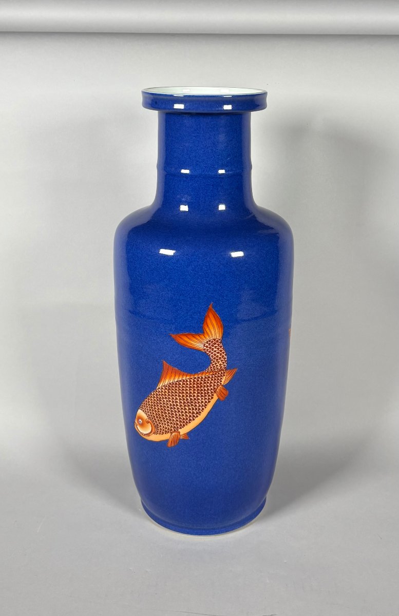 China, 19th Century Porcelain Scroll Vase Decorated With Carp On A Powder-blue Background