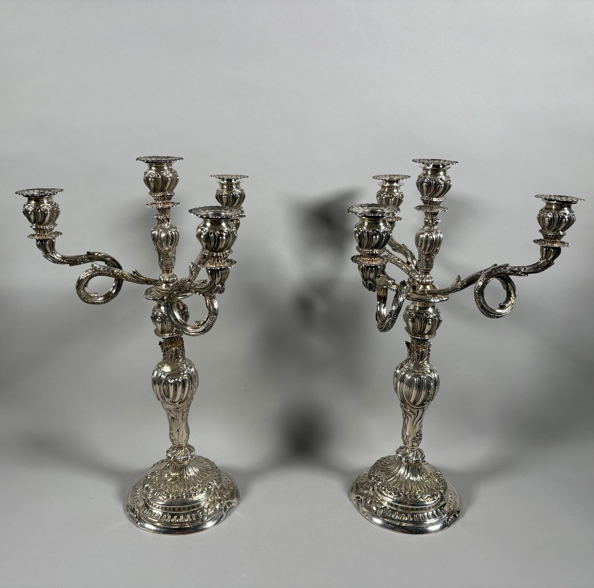 Paire de Candélabres rocailles en argent massif 950 Style Louis XV  XVIIIeme siècle -photo-3