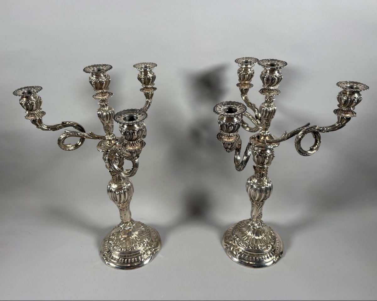 Paire de Candélabres rocailles en argent massif 950 Style Louis XV  XVIIIeme siècle -photo-1