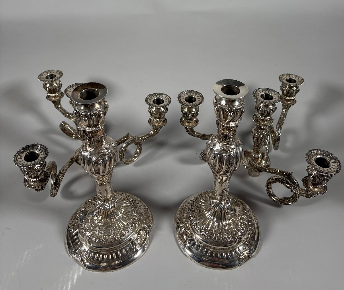 Paire de Candélabres rocailles en argent massif 950 Style Louis XV  XVIIIeme siècle -photo-5