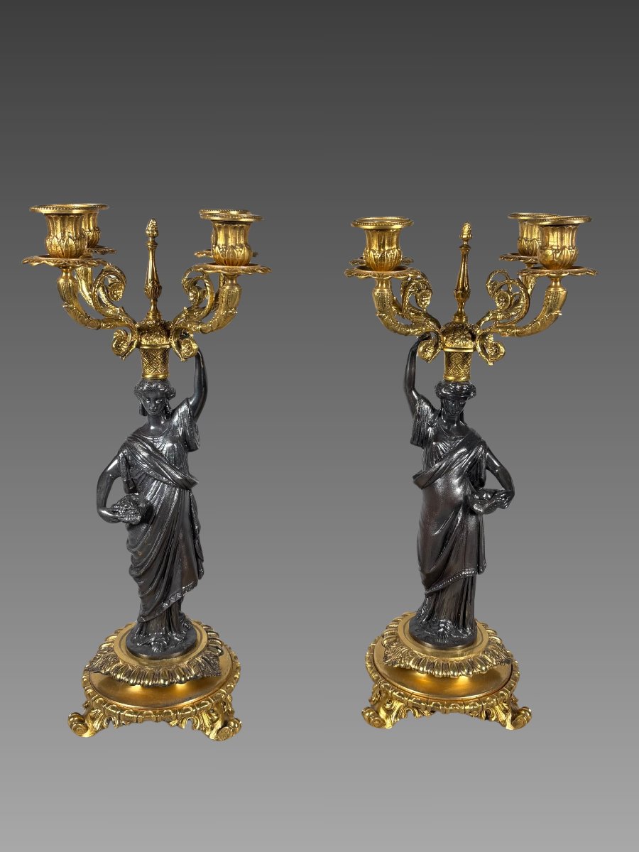 Pair Of Napoleon III-style Candelabra Featuring Women In Antique Style 
