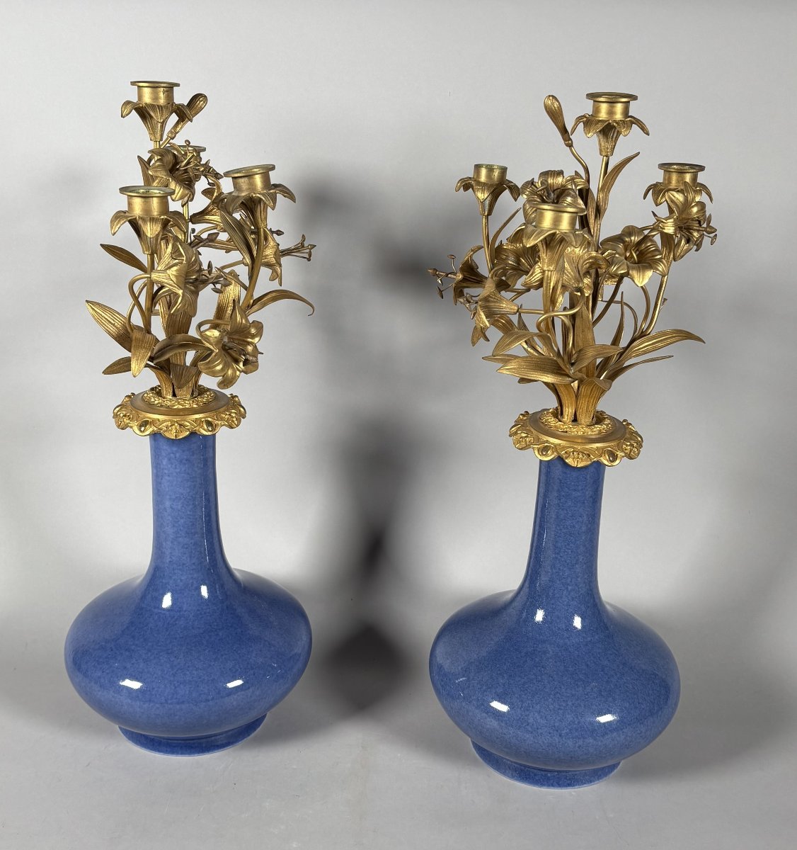 Paire de candélabres aux fleurs de style louis XV Epoque Napoleon III-photo-3