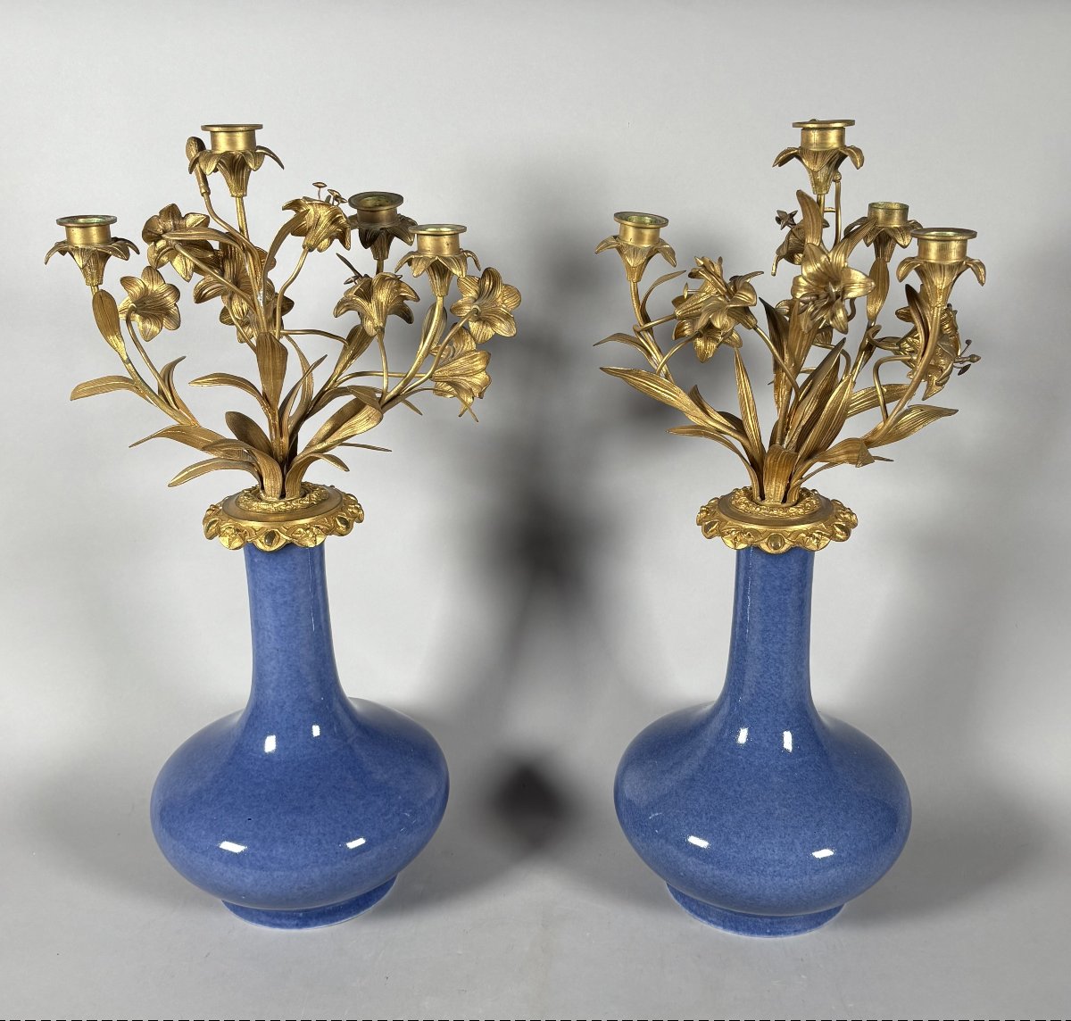 Paire de candélabres aux fleurs de style louis XV Epoque Napoleon III-photo-4