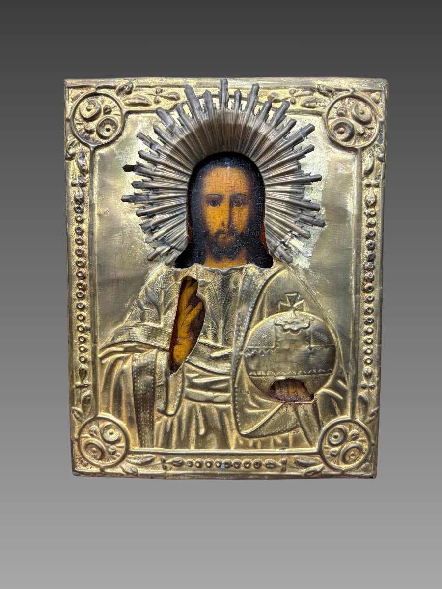 Icône Russe XIXeme siecle figurant le Christ bénissant le monde -photo-2