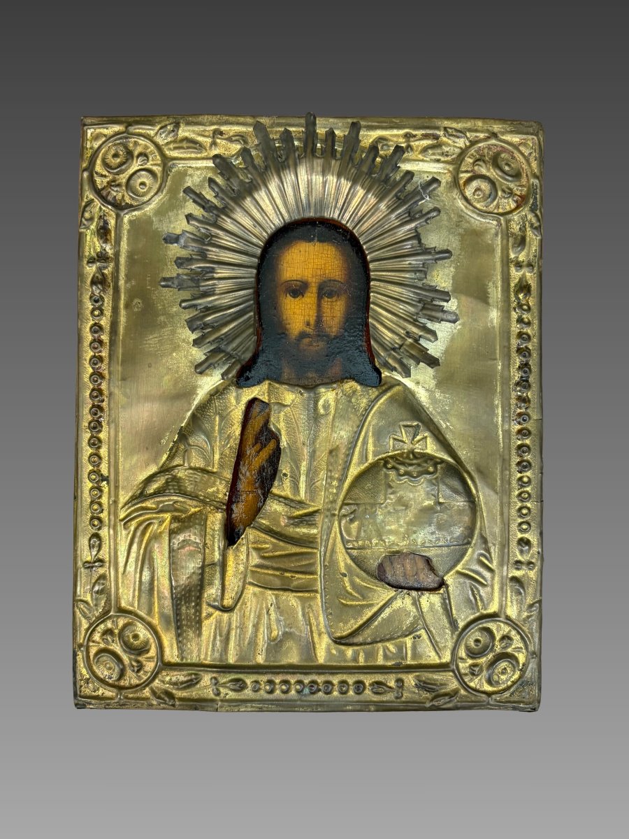 Icône Russe XIXeme siecle figurant le Christ bénissant le monde 