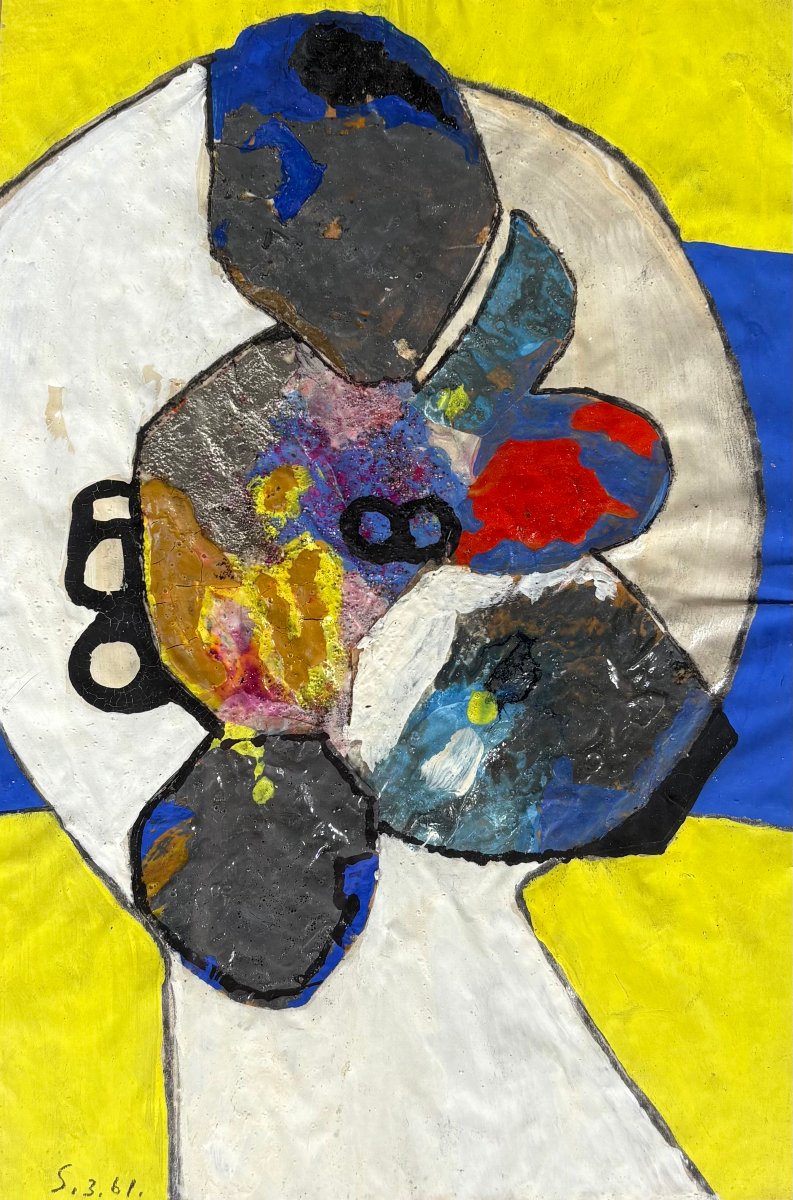 Sonja SEKULA (1918-1963) Peinture Huile sur papier Composition expressionniste abstraite 1961-photo-3