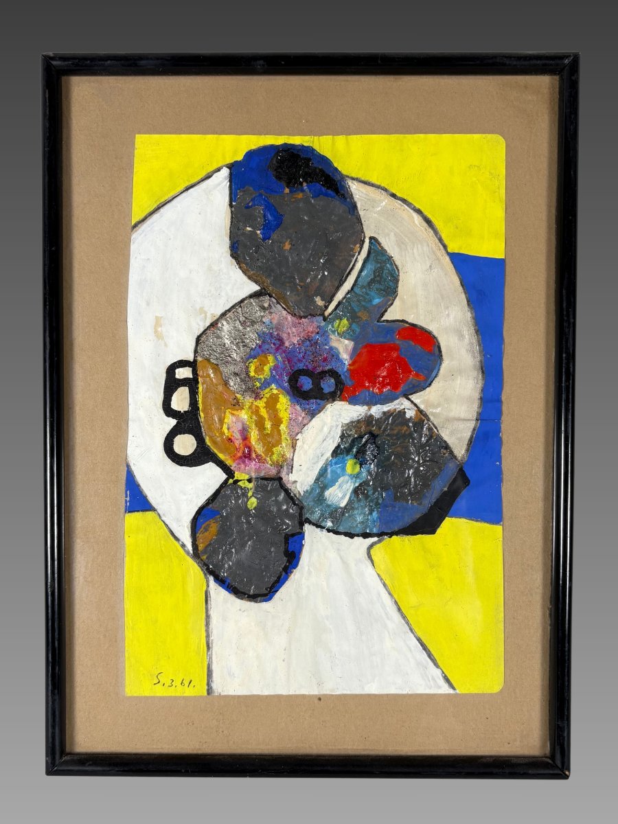 Sonja SEKULA (1918-1963) Peinture Huile sur papier Composition expressionniste abstraite 1961