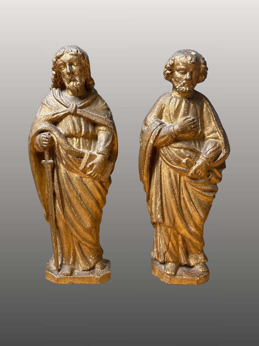 Saints Peter And Paul: 17th-century Gilded Stucco Wood Sculpture  
