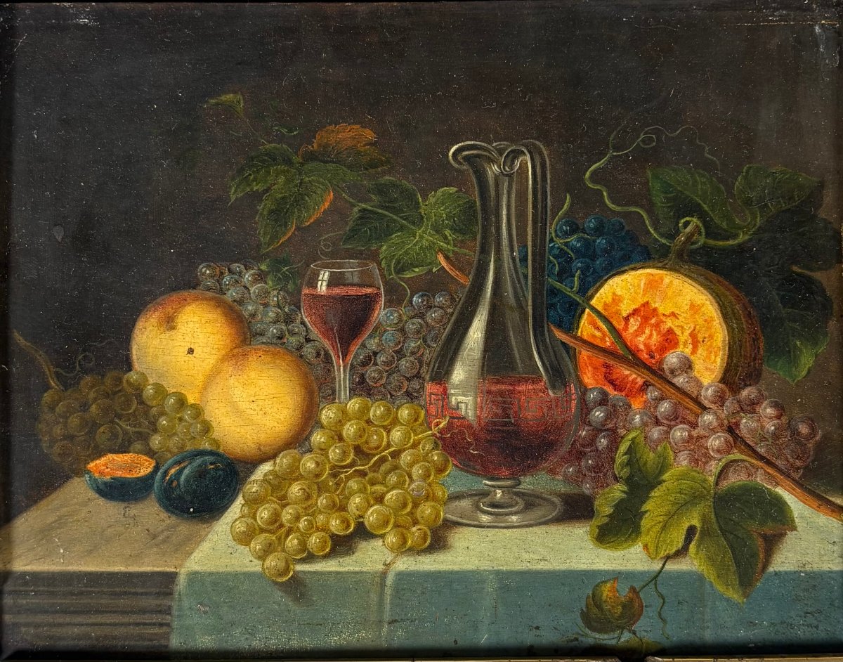 Ecole française XIXe. - Nature morte à la carafe de vin Peinture a l'huile -photo-3