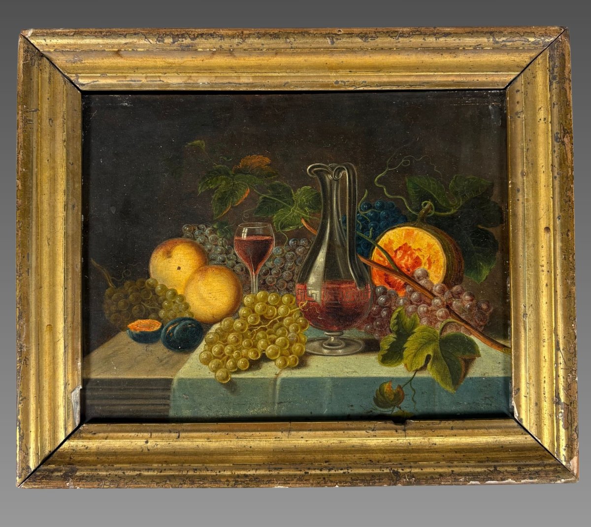 Ecole française XIXe. - Nature morte à la carafe de vin Peinture a l'huile 