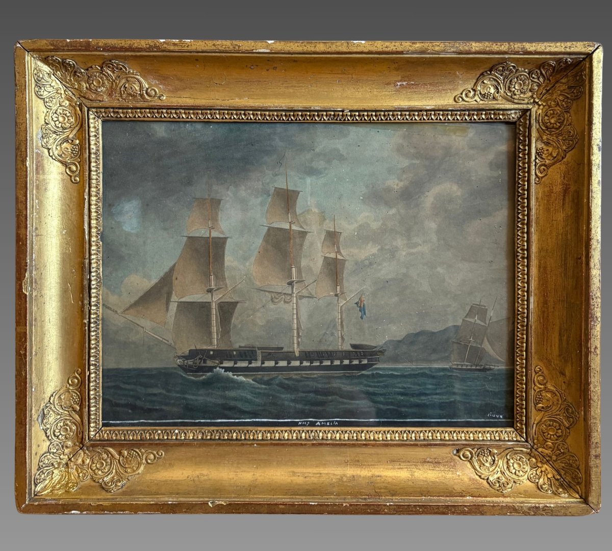  François Geoffroi Roux (1811–1882) Marine Gouache, “hms Majesty’s Ship Amelia” 