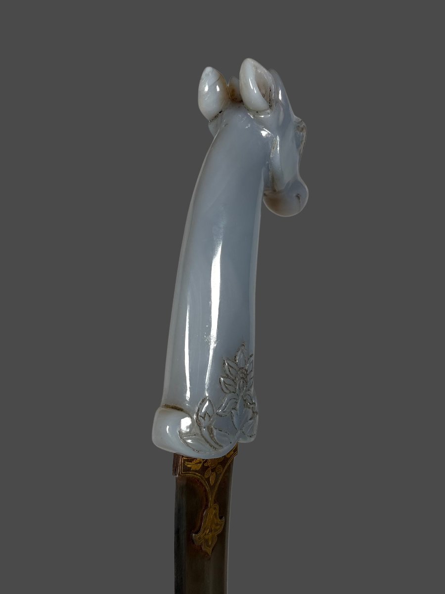 Poignard Khanjar en calcédoine a tete de girafe INDE Dynastie Mughal (1526-1857)-photo-1