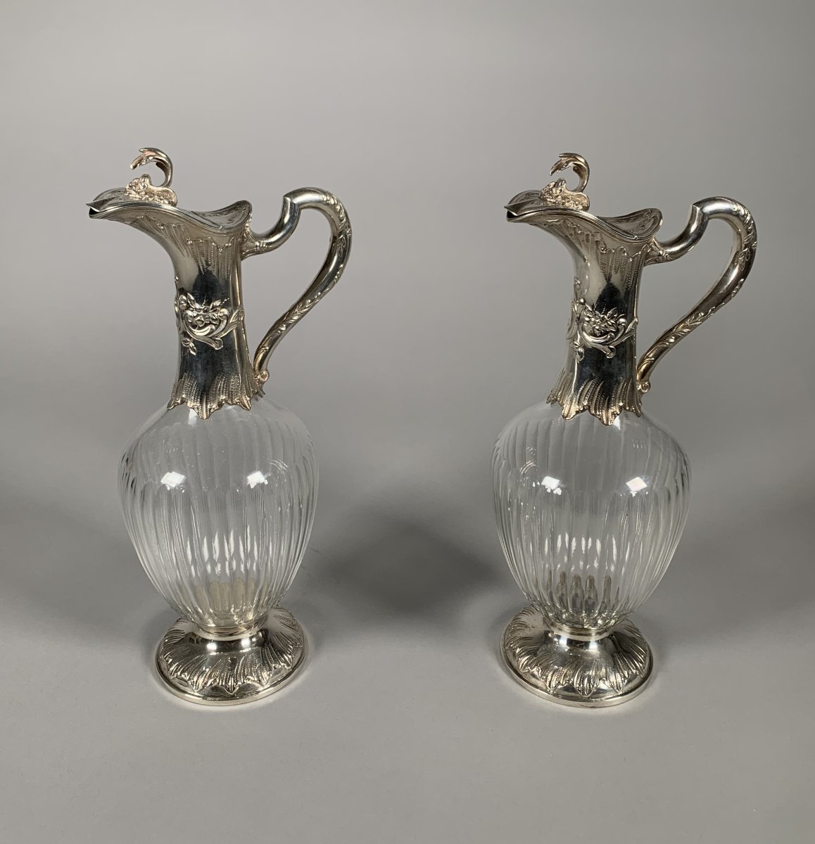 Pair Of Crystal And Rocaille Silver Water Jugs, 19th Century -photo-2