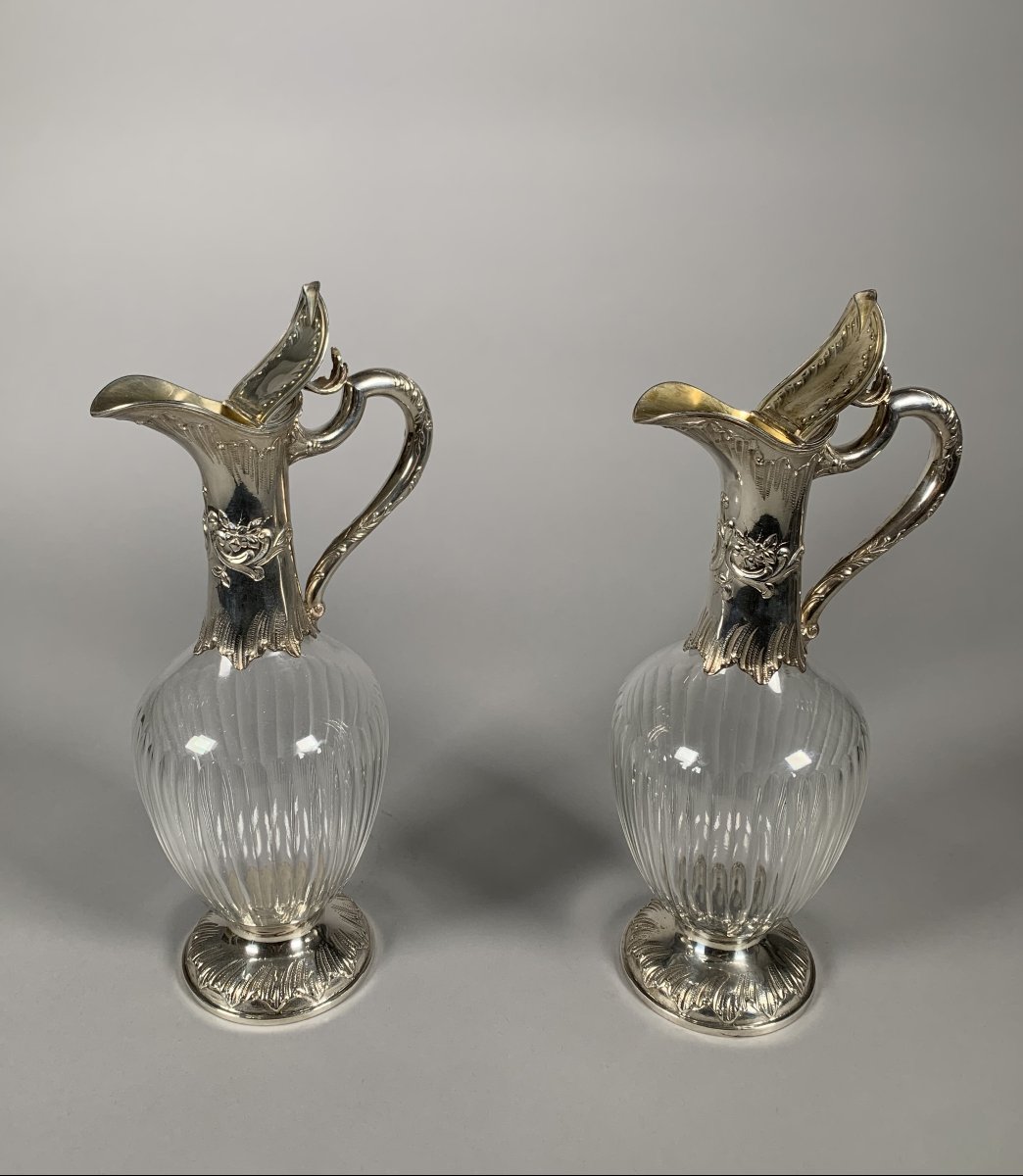 Pair Of Crystal And Rocaille Silver Water Jugs, 19th Century -photo-3