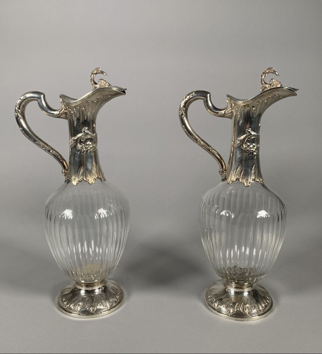 Pair Of Crystal And Rocaille Silver Water Jugs, 19th Century 