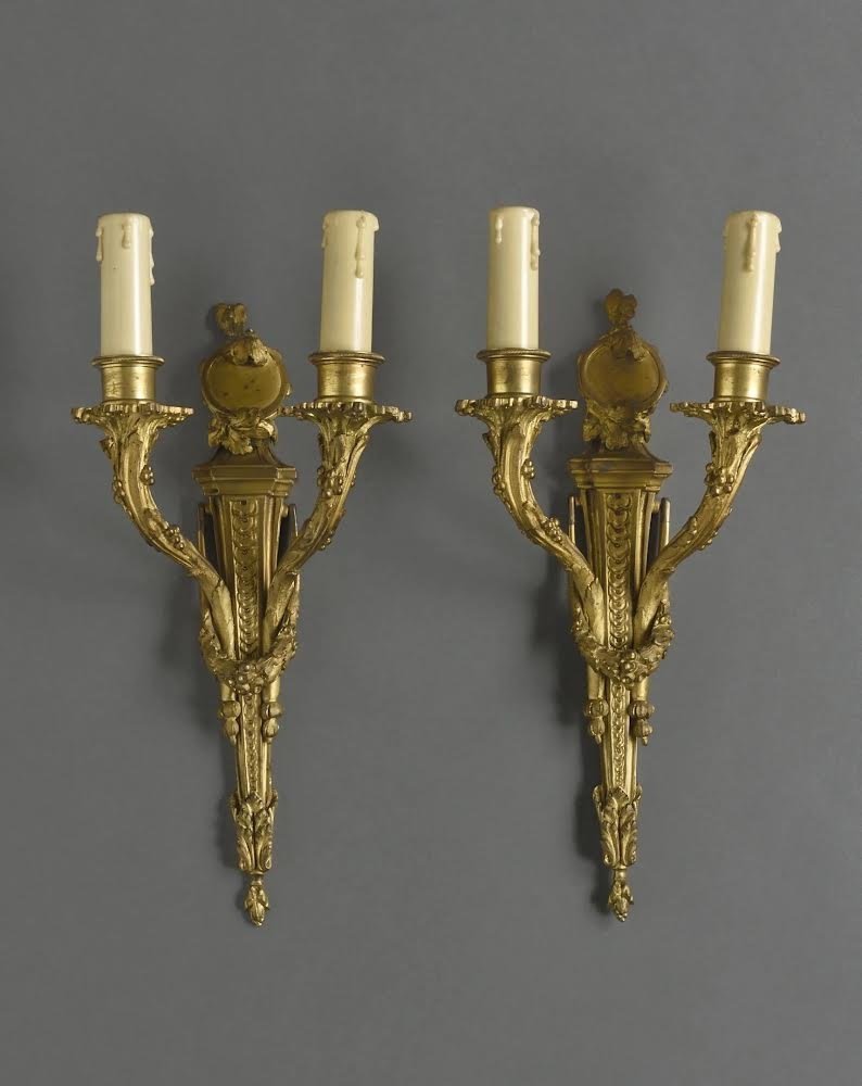 After Jean-charles Delafosse (1734–1791). Pair Of Gilded Bronze Louis XVI Wall Sconces