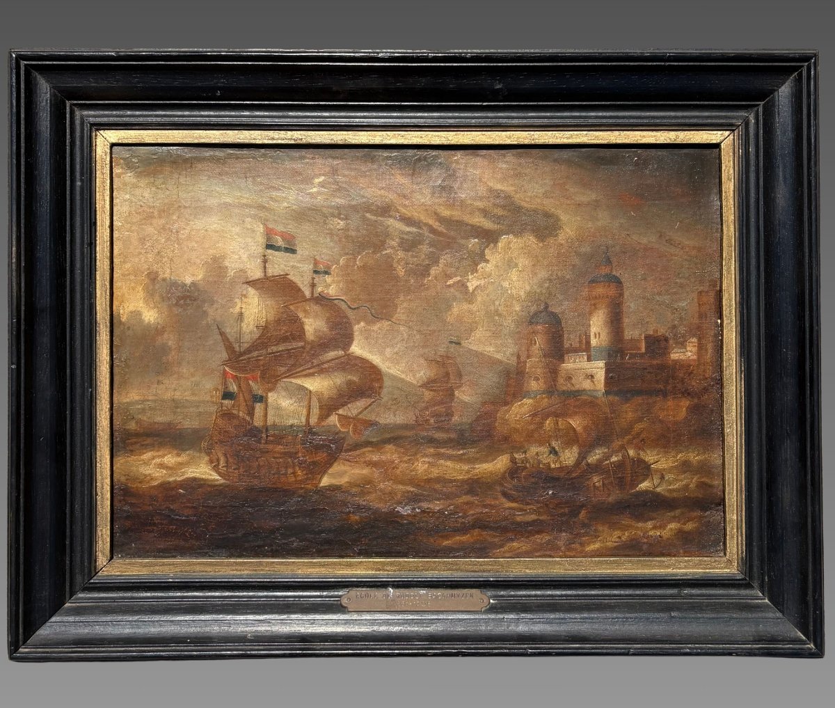 Peter VAN DEN VELDE (1634-1724) Navire Flamand au large d'un fort XVIIeme siecle-photo-2