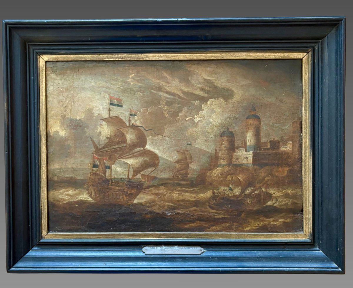 Peter VAN DEN VELDE (1634-1724) Navire Flamand au large d'un fort XVIIeme siecle