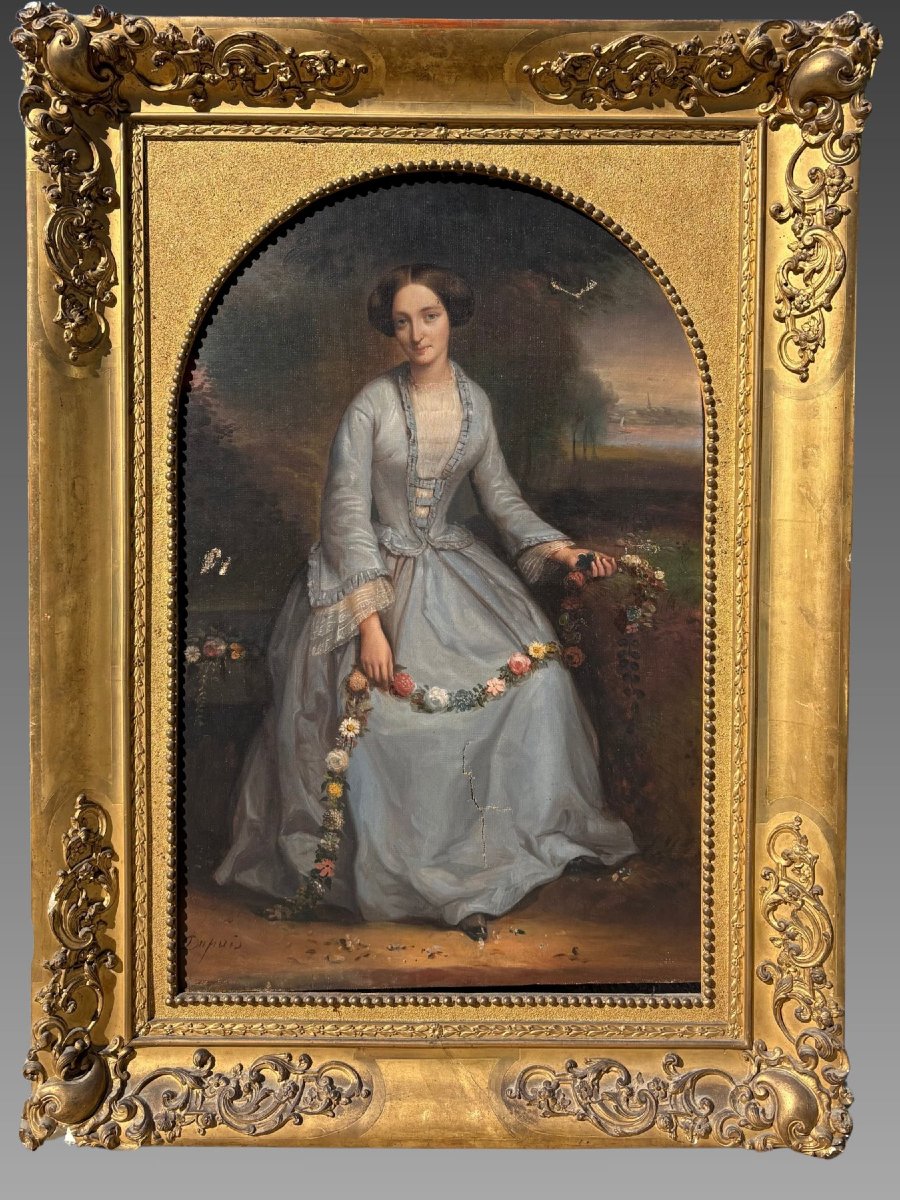 Pierre Dupuis (1833-1915) - Portrait d'une jeune fille aux fleurs-photo-2
