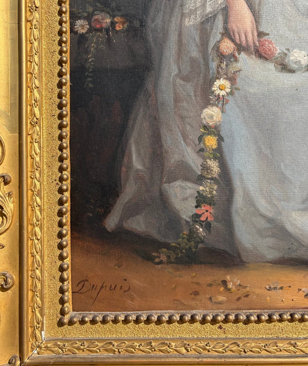 Pierre Dupuis (1833-1915) - Portrait d'une jeune fille aux fleurs-photo-4