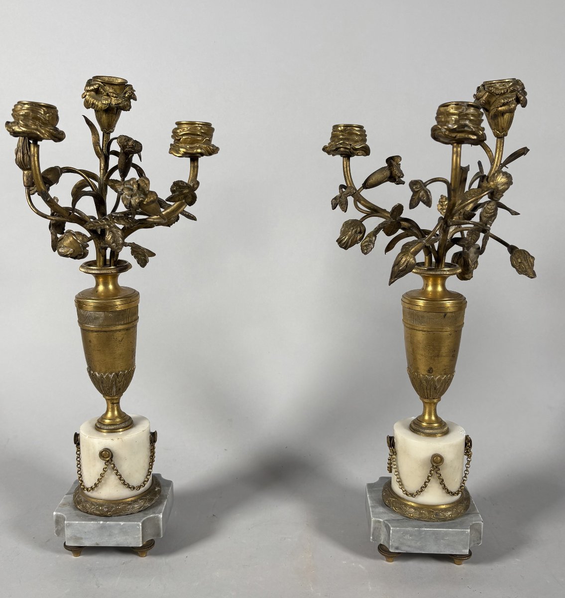 Pair Of 19th-century Marble And Bronze Candelabra With Flower Vases