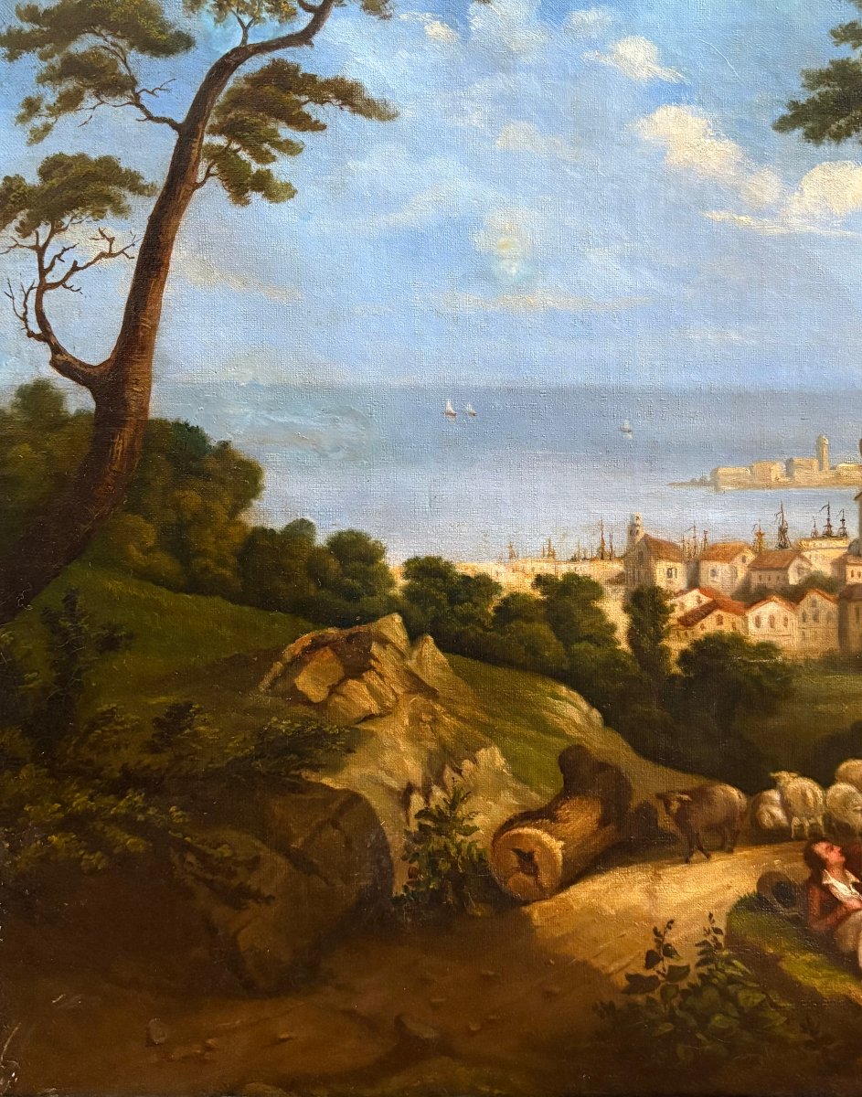 Ecole Française du XIXeme siecle - Paysage Méditéranéen, vue de Sète peinture sur toile-photo-3