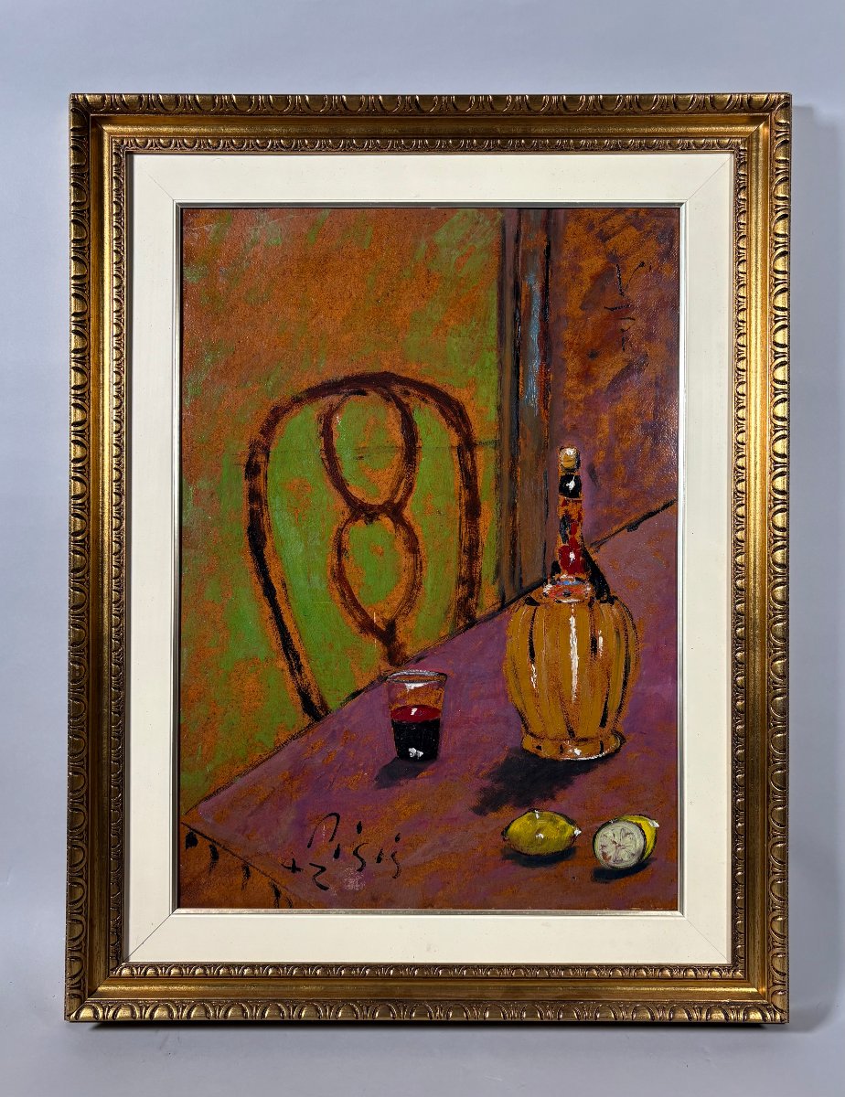 Filippo DE PISIS (1896-1956) - Nature morte à la bouteille de Chianti Huile sur panneau