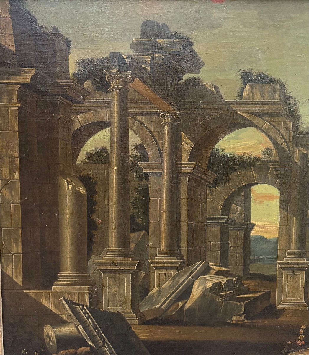 18th-century Italian School: Ancient Ruins In A Landscape, Oil On Canvas-photo-3