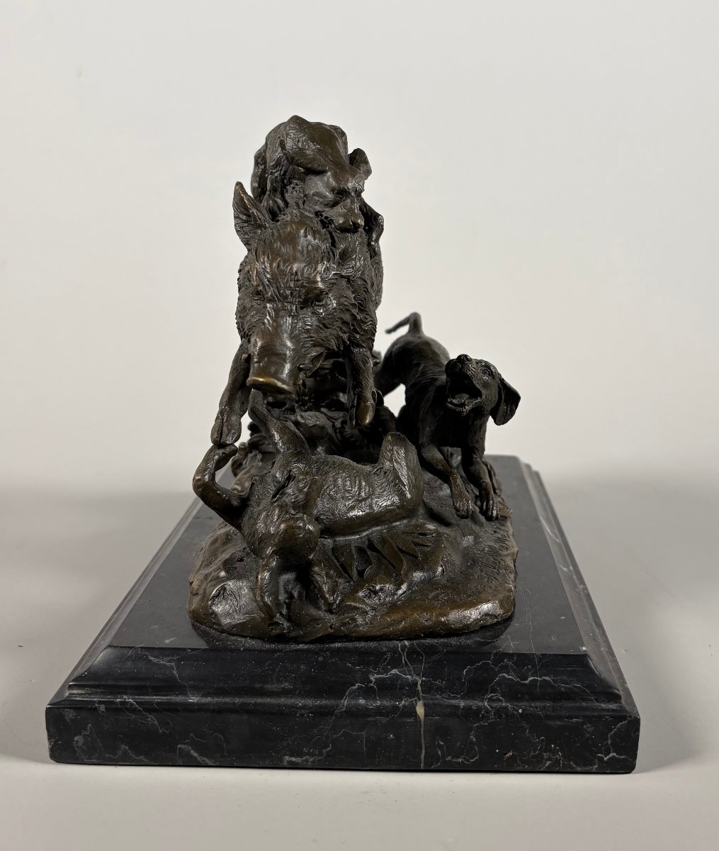 Pierre Jules Mene (1810–1879) Wild Boar Caught By Four Dogs Bronze Sculpture-photo-2