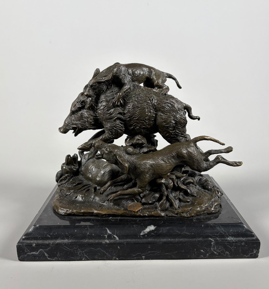 Pierre Jules Mene (1810–1879) Wild Boar Caught By Four Dogs Bronze Sculpture